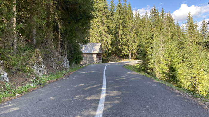 Rumänien-Motorradtour: Motorradreise mit Käpt'n Eddy von ROMOTOUR - Schöne kleine Waldstraße mit Hütte in einer Rechtskurve im Apuseni-Gebirge Rumäniens